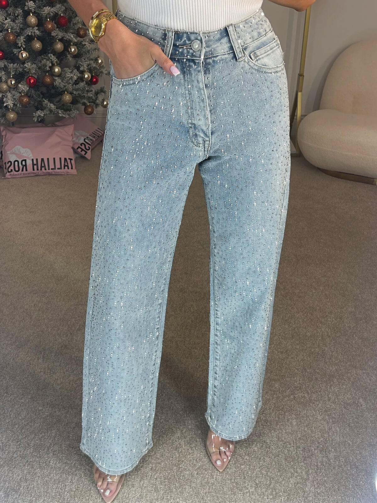 THE MIDNIGHT | HIGH-WAISTED DIAMANTE STRAIGHT-LEG JEANS
