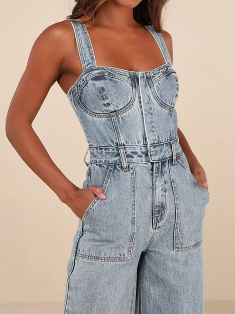 THE DELARA | LIGHT WASH DENIM BUSTIER JUMPSUIT