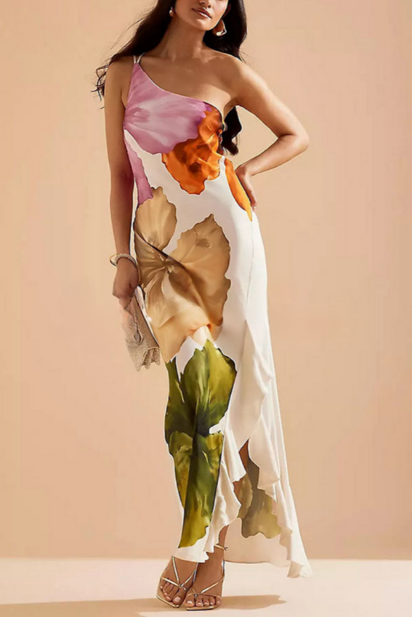 THE AMARILIS | ONE-SHOULDER FLORAL RUFFLE MAXI DRESS