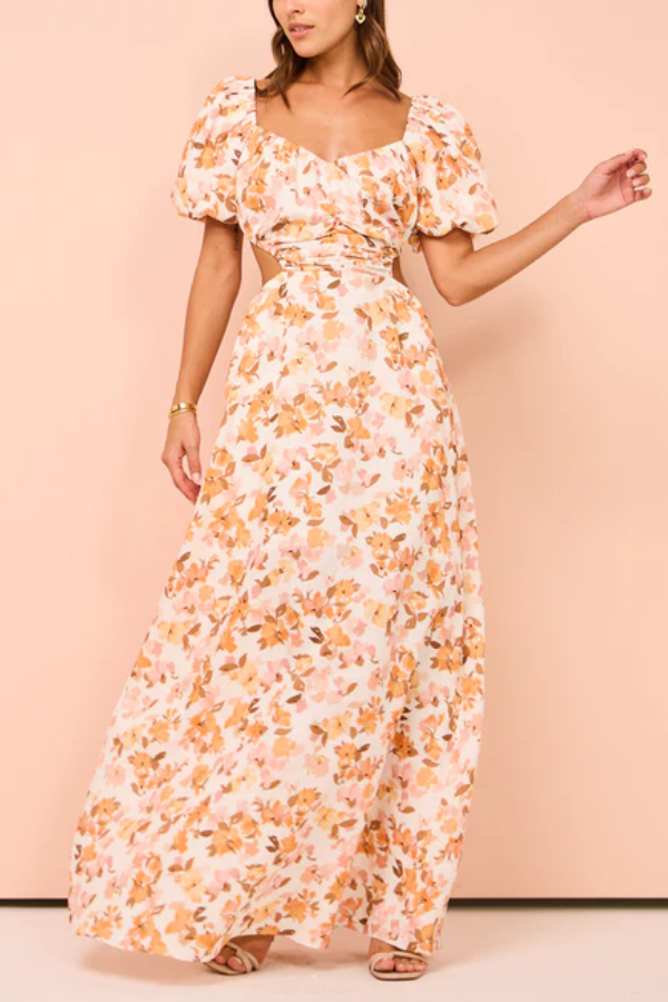 THE CHARLENE | PUFF SLEEVES PLEATED WAIST BACK LONG SKIRT
