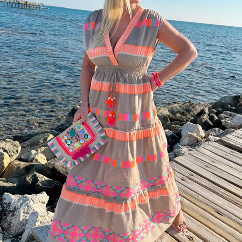 THE AUBIN | STRIPED SLEEVELESS V-NECK DRESS