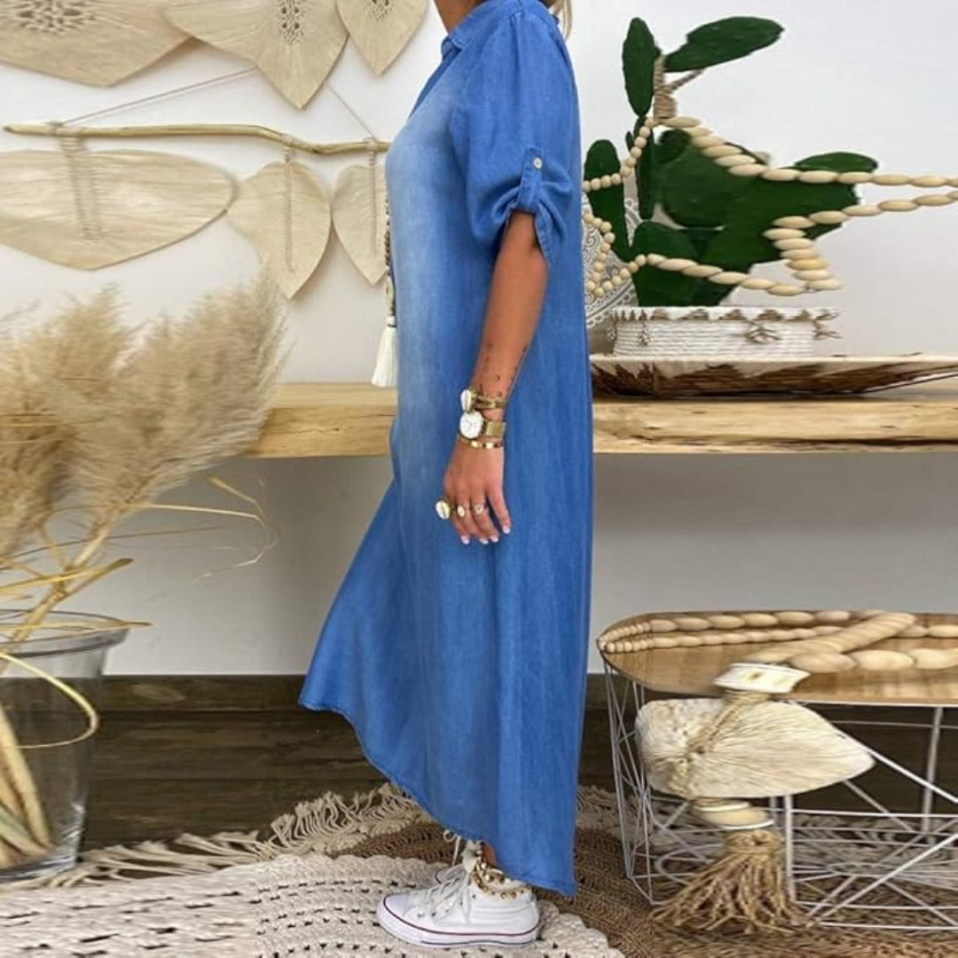 THE LOREVA | V-NECK MID-DENIM SUMMER DRESS