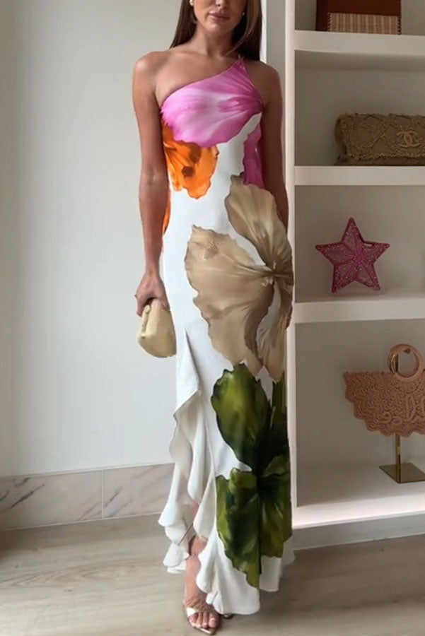 THE AMARILIS | ONE-SHOULDER FLORAL RUFFLE MAXI DRESS