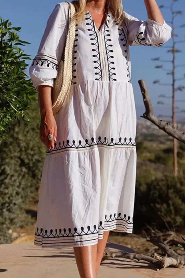 THE ELLA | LOOSE EMBROIDERED MID-SLEEVE MIDI DRESS