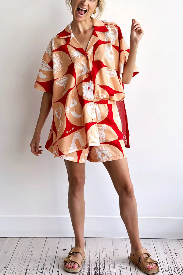 THE JOY | LINEN SHIRT AND ELASTIC WAISTED LOOSE POCKETED SHORTS SET