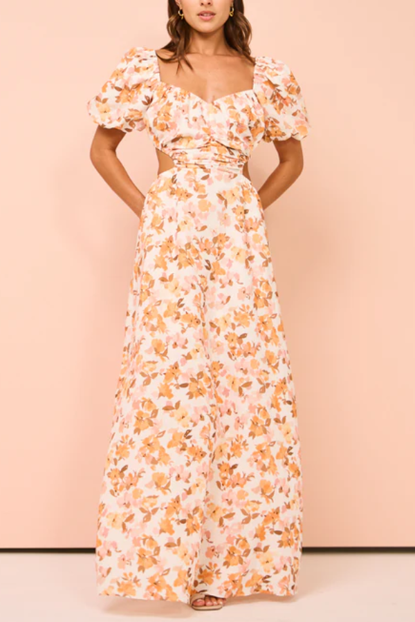 THE CHARLENE | PUFF SLEEVES PLEATED WAIST BACK LONG SKIRT