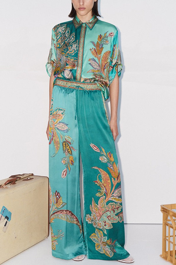 THE ANAIS | SATIN ELASTIC WAIST POCKET WIDE LEG PANTS