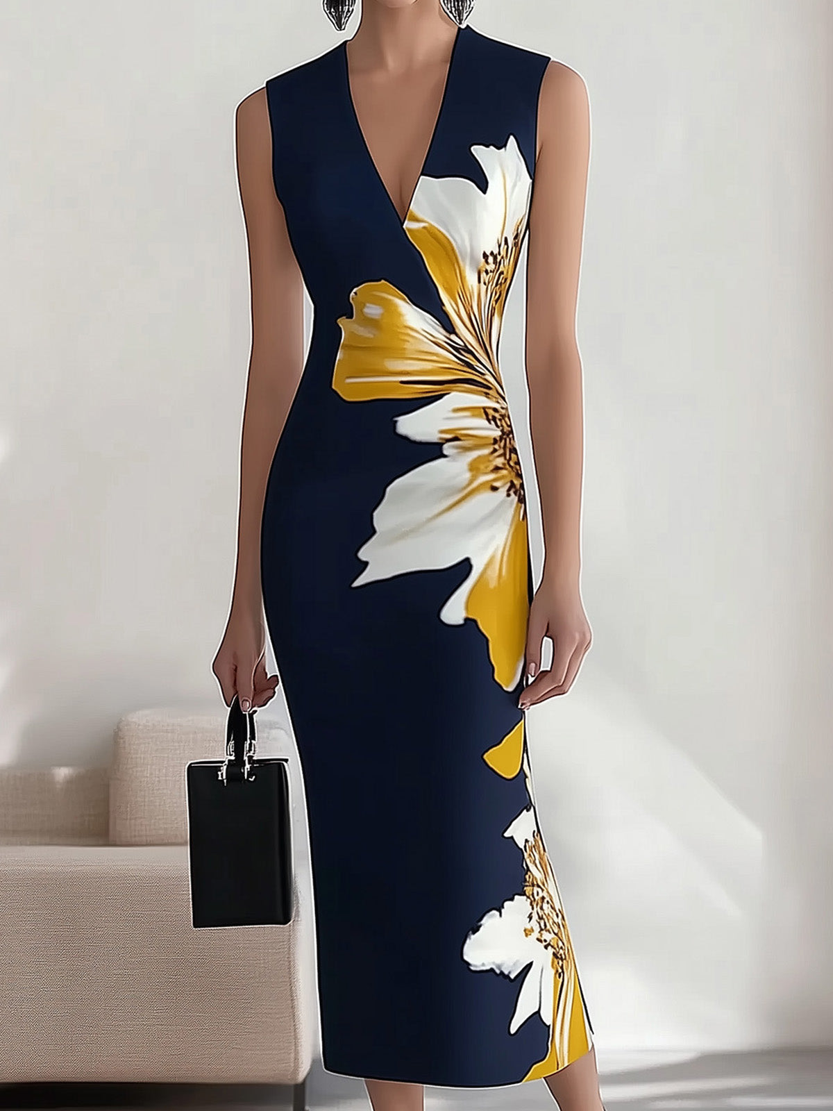 THE AZURA | FLORAL V-NECK SLEEVELESS DRESS