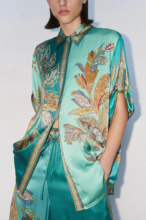 THE ANAIS | SATIN SHORT SLEEVE BUTTON OVERSIZED BLOUSE
