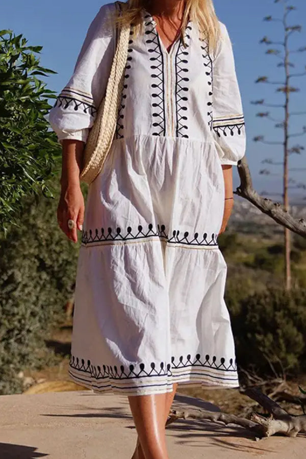 THE ELLA | LOOSE EMBROIDERED MID-SLEEVE MIDI DRESS