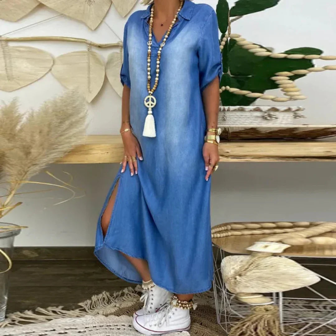 THE LOREVA | V-NECK MID-DENIM SUMMER DRESS