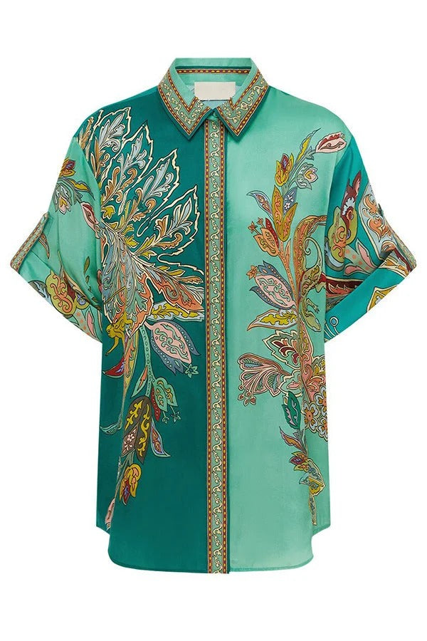 THE ANAIS | SATIN SHORT SLEEVE BUTTON OVERSIZED BLOUSE