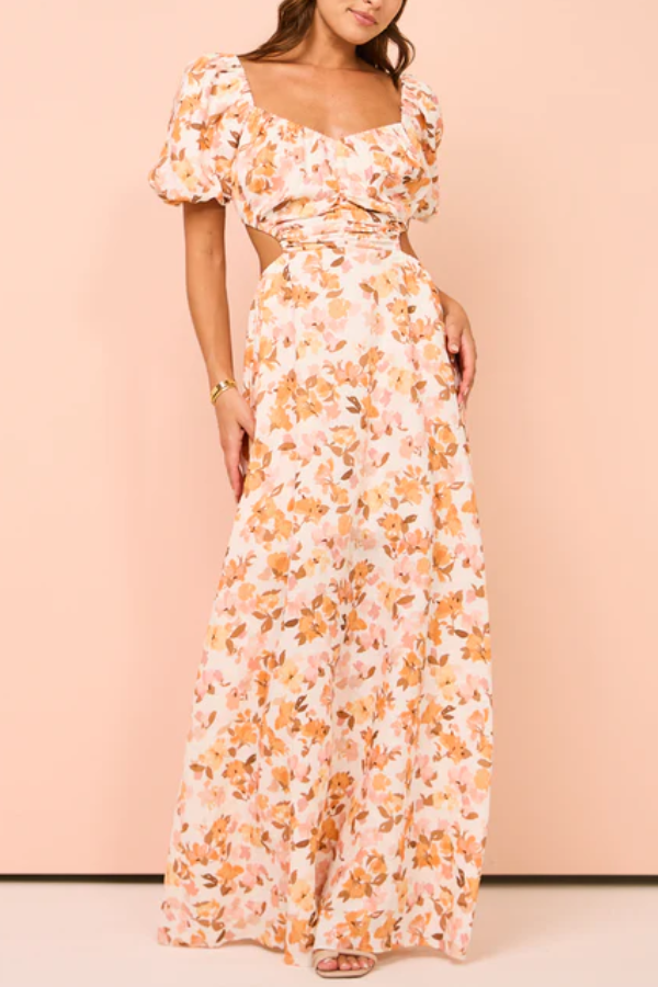 THE CHARLENE | PUFF SLEEVES PLEATED WAIST BACK LONG SKIRT