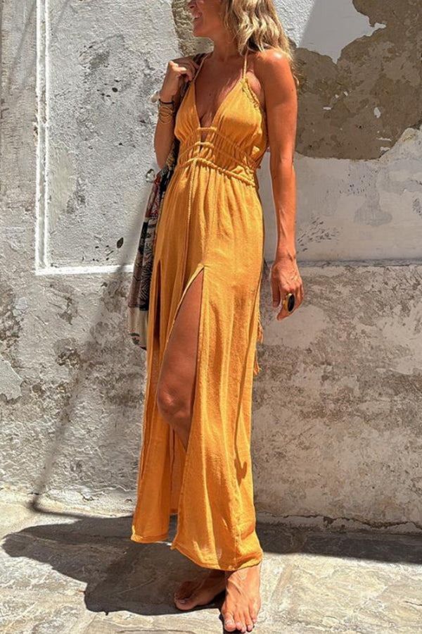 THE MONA | LINEN HALTER BACKLESS POCKET SLIT MIDI DRESS