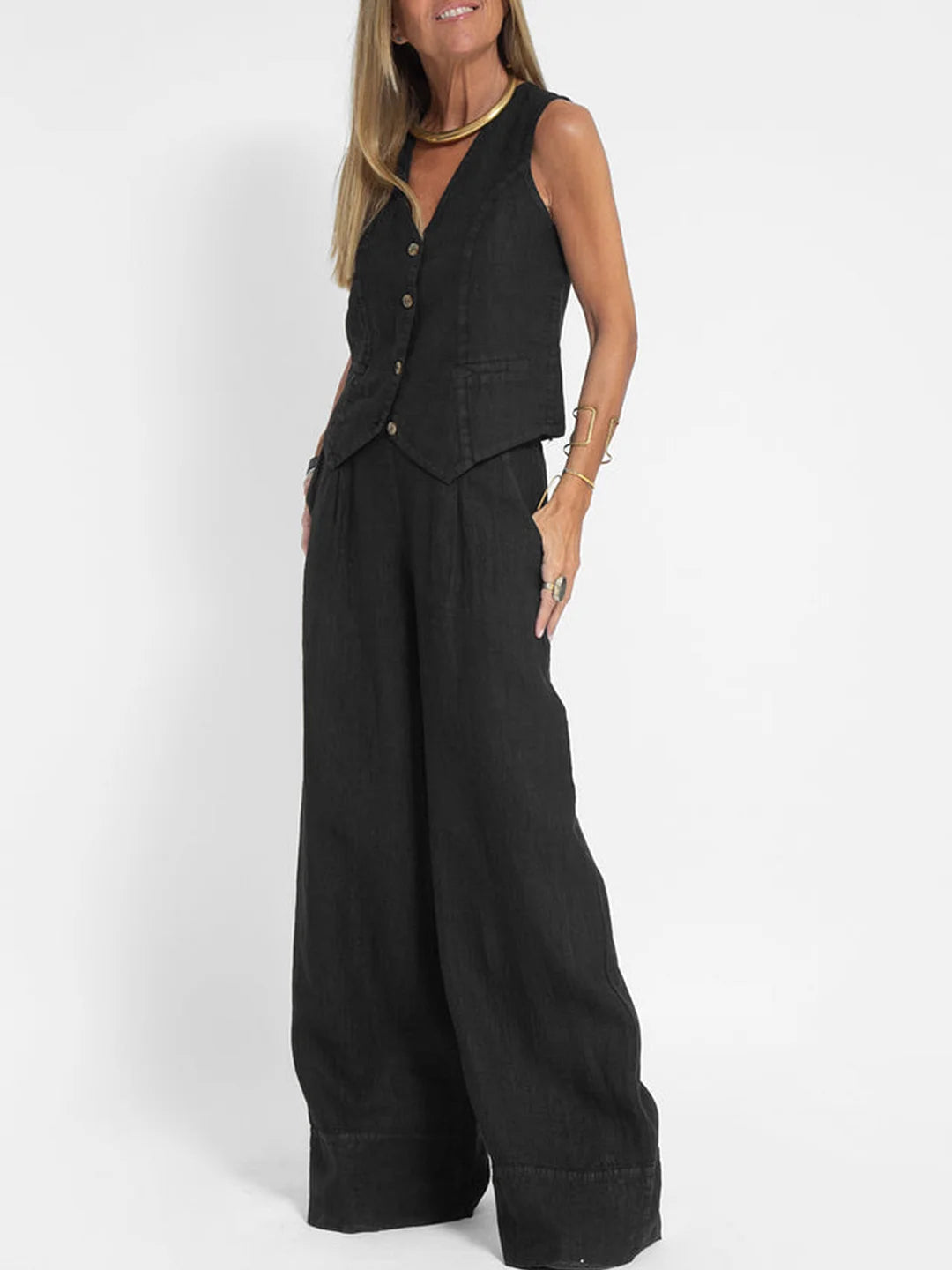 THE AIRA | BUTTONED VEST & WEDE-LEG TROUSERS ENSEMBLE