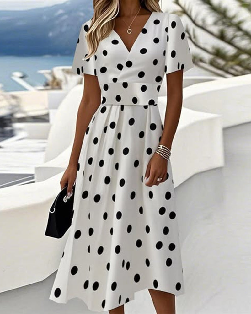 THE EVELYN | POLKA DOT V-NECK A-LINE DRESSa