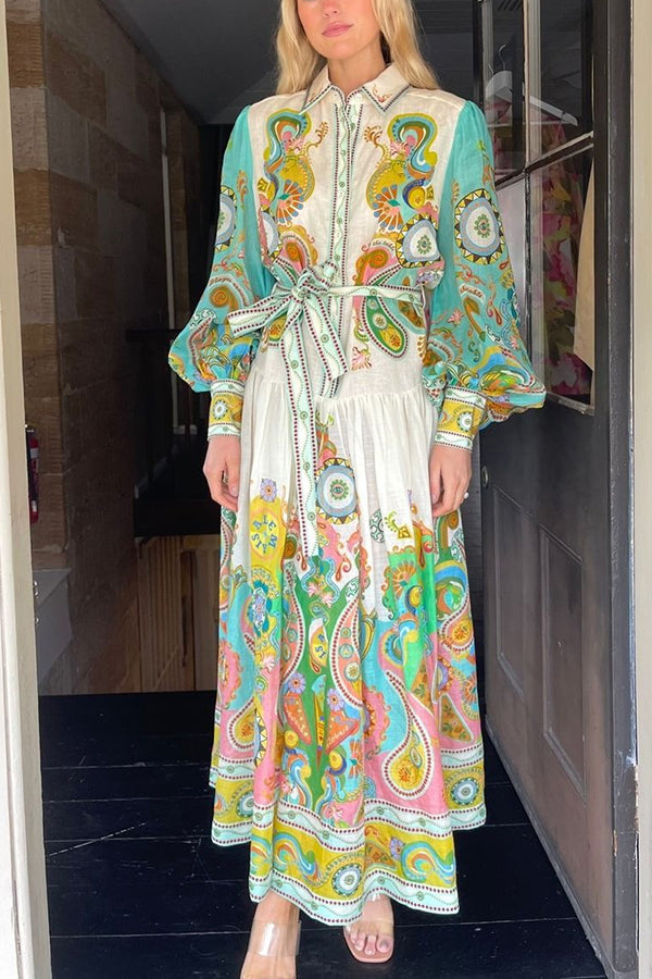 THE ELLEN | BALLOON SLEEVE BELT SHIRT MIDI DRESS