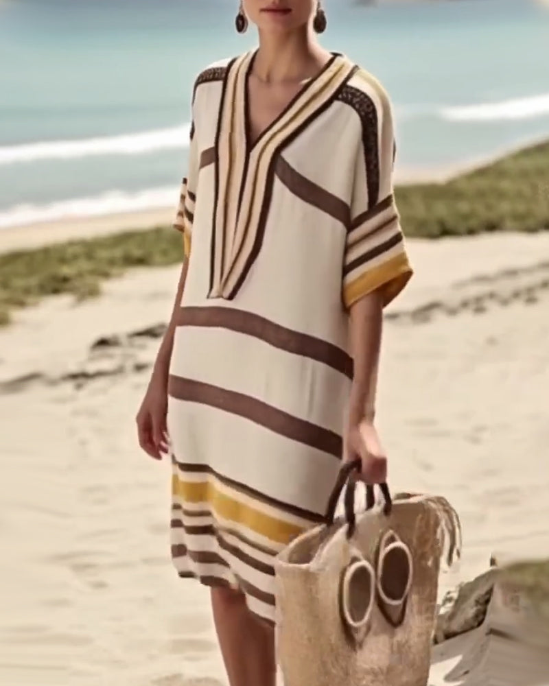 THE LORENA | ELEGANT STRIPED V-NECK DRESS