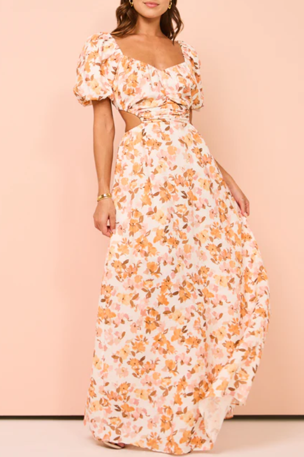 THE CHARLENE | PUFF SLEEVES PLEATED WAIST BACK LONG SKIRT