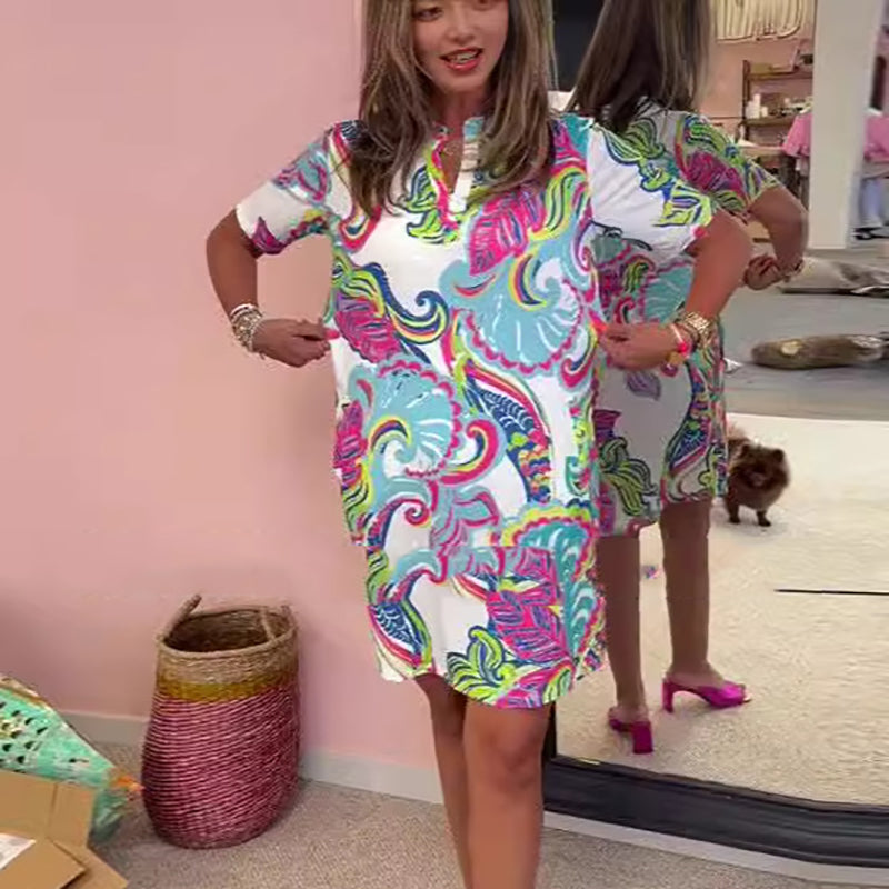 THE HELOISE | VIBRANT PRINTED V-NECK DRESS