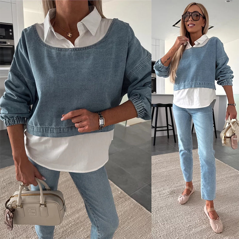 THE SUE | LONG-SLEEVED DENMIN TOP AND PANTS TWO-PIECE SET