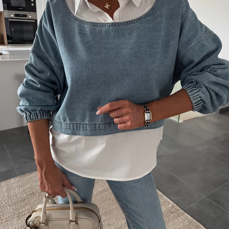 THE SUE | LONG-SLEEVED DENMIN TOP AND PANTS TWO-PIECE SET