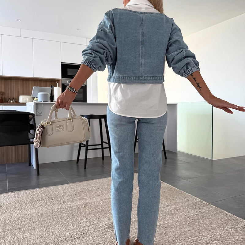 THE SUE | LONG-SLEEVED DENMIN TOP AND PANTS TWO-PIECE SET