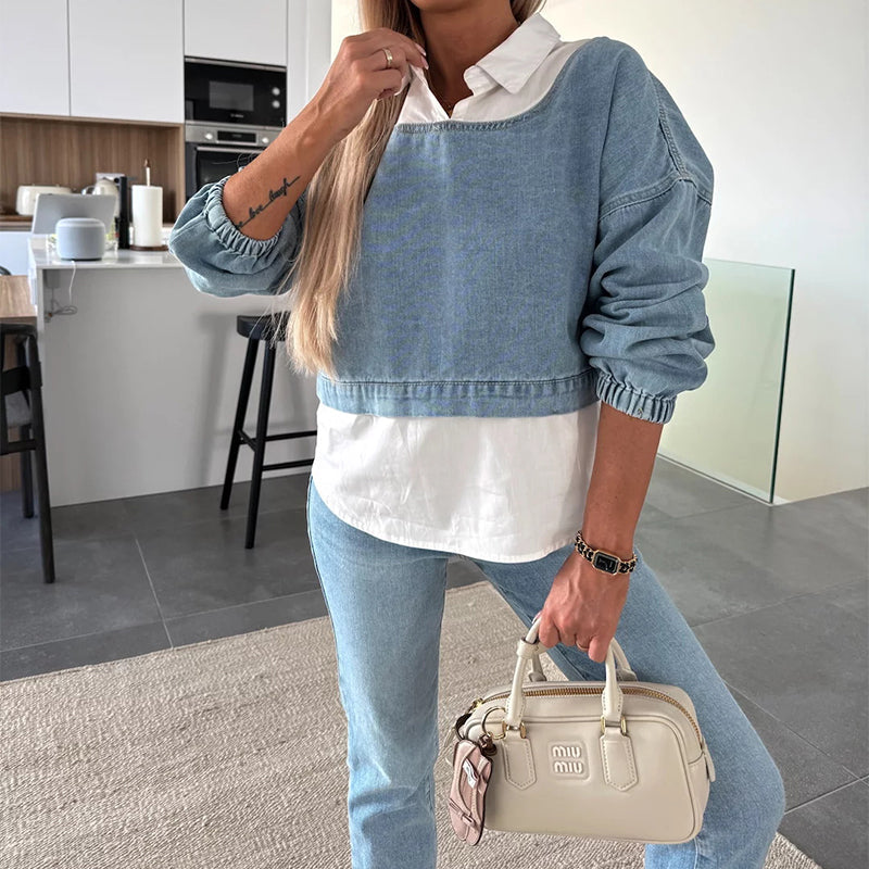THE SUE | LONG-SLEEVED DENMIN TOP AND PANTS TWO-PIECE SET