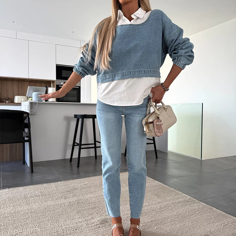 THE SUE | LONG-SLEEVED DENMIN TOP AND PANTS TWO-PIECE SET