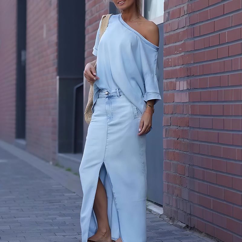 THE LOREN | DIAGONAL SHOULDER TOP & SPLIT DENIM SKIRT SET