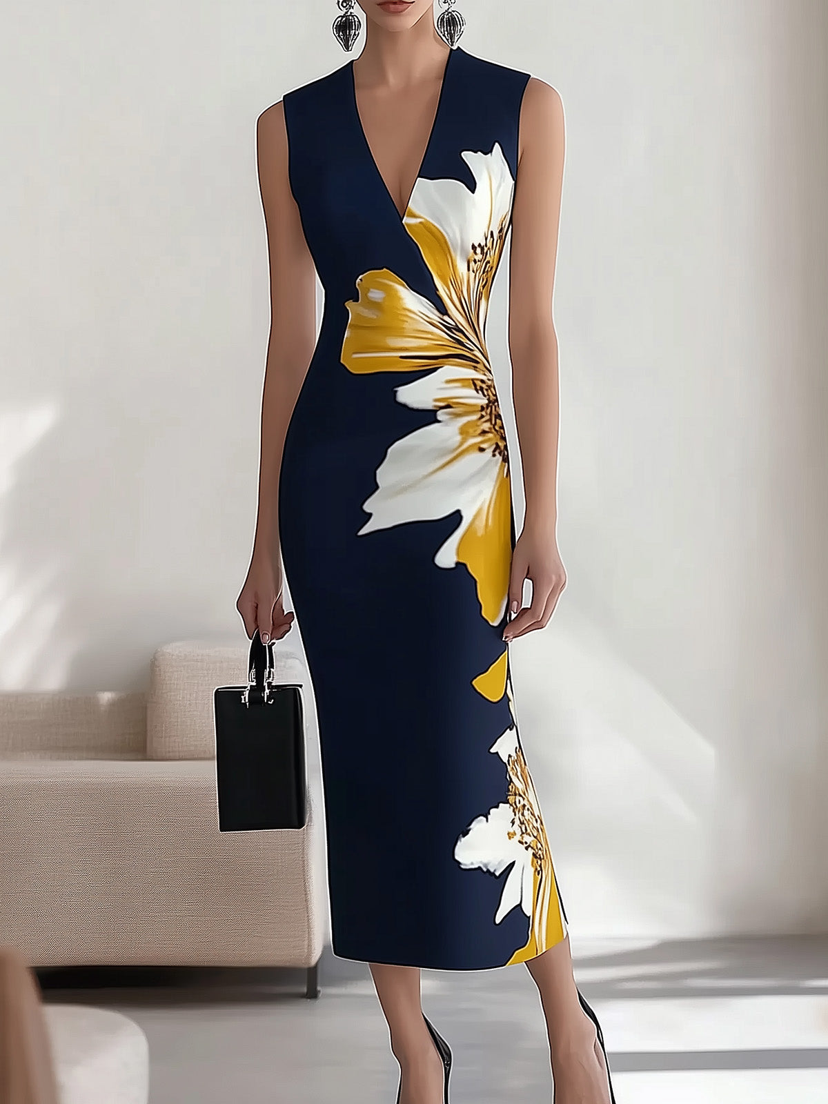 THE AZURA | FLORAL V-NECK SLEEVELESS DRESS